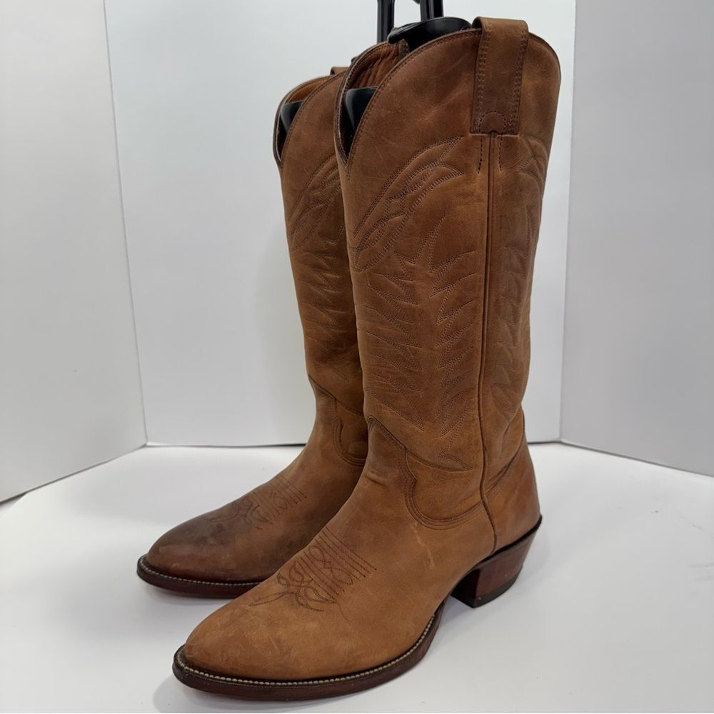 Vintage Alberta Boots Mens Tan Leather Cowboy Boots Handmade Western Ranchwear